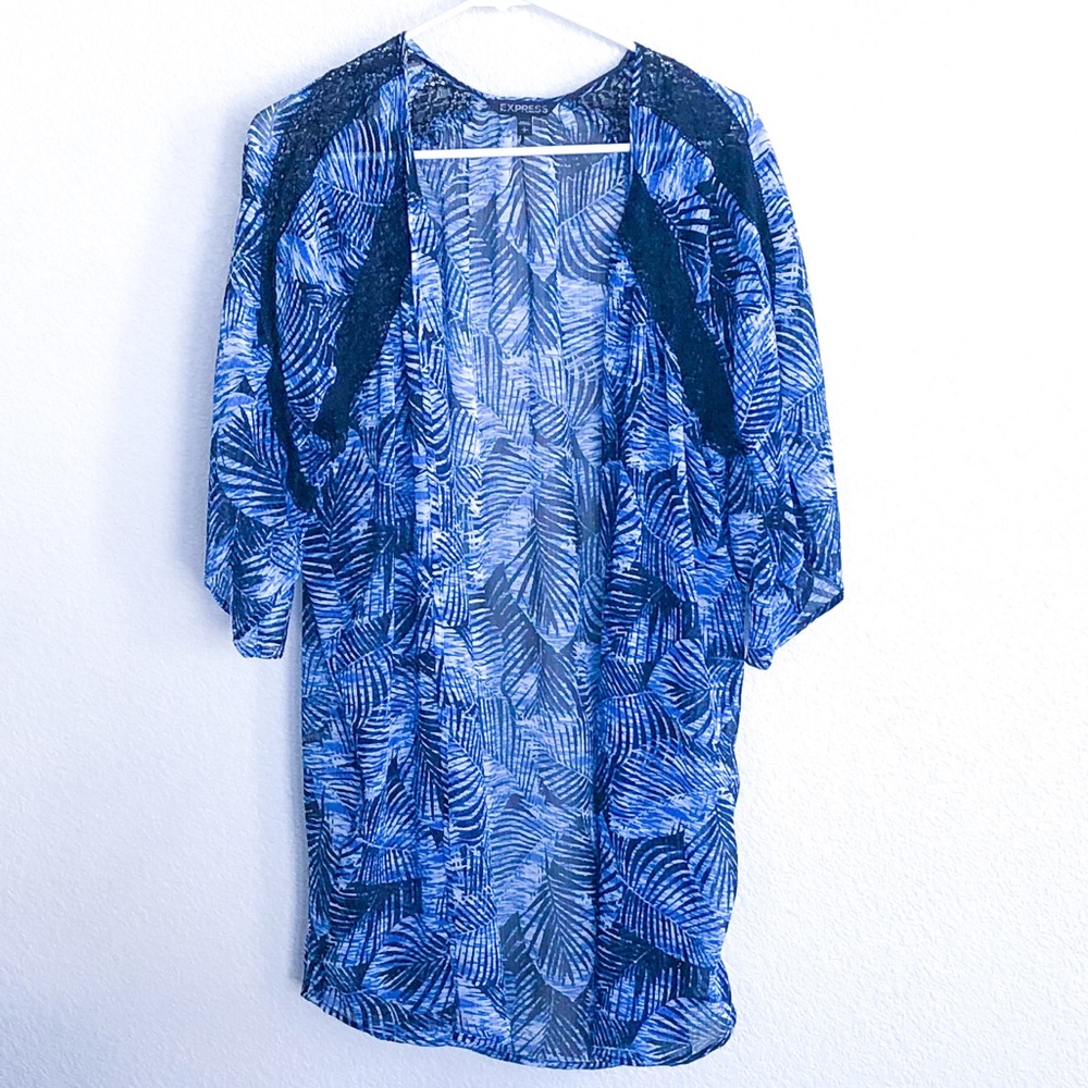 Express Kimono Black Blue Lace Trim - Picture 2 of 8